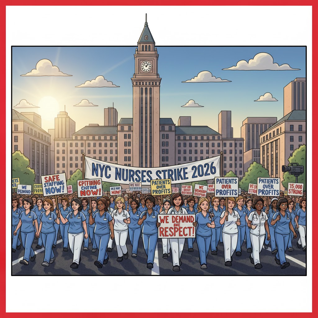 Cartoon-style illustration of NYC nurses holding picket signs during the 2026 strike for safe staffing and better contracts.