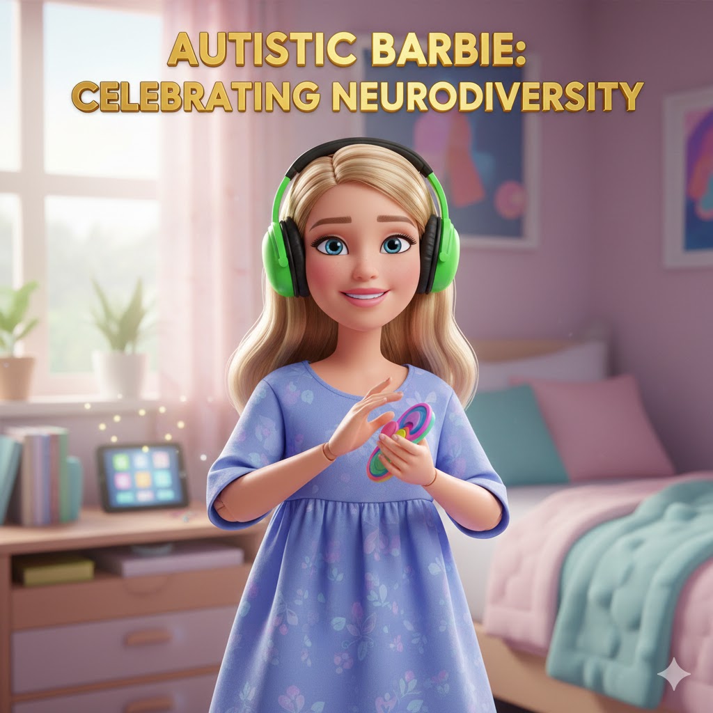 A cinematic cartoon-style image of the Autistic Barbie wearing noise-canceling headphones and holding a fidget toy to promote neurodiversity.