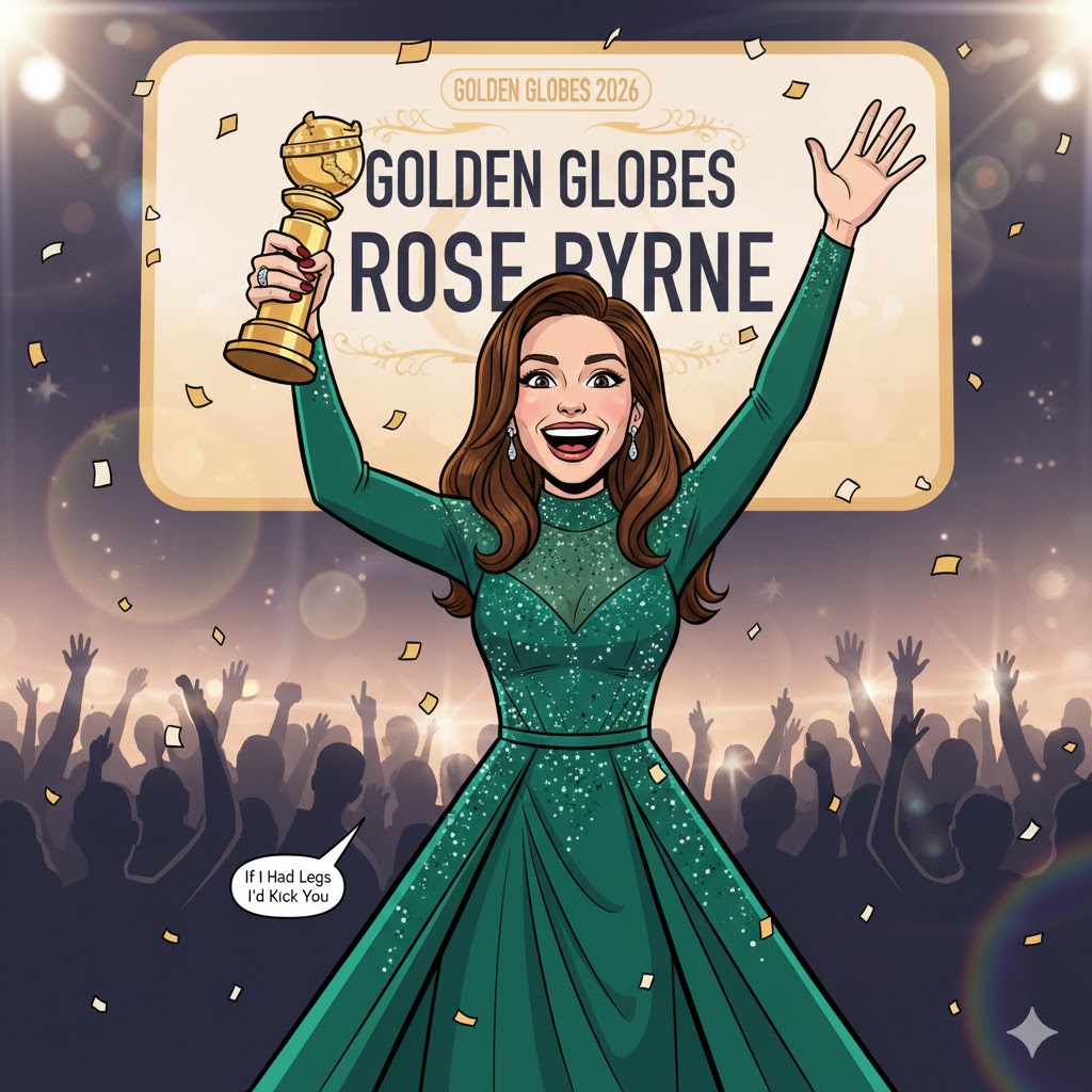 Rose Byrne Golden Globe 2026: Cartoon illustration of the actress holding her award for the film 'If I Had Legs I'd Kick You'.
