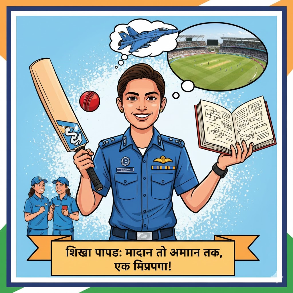भारतीय महिला क्रिकेटर शिखा पांडे का चित्र, जिसमें उनकी क्रिकेट जर्सी और वायु सेना अधिकारी की पहचान दिखाई गई है।