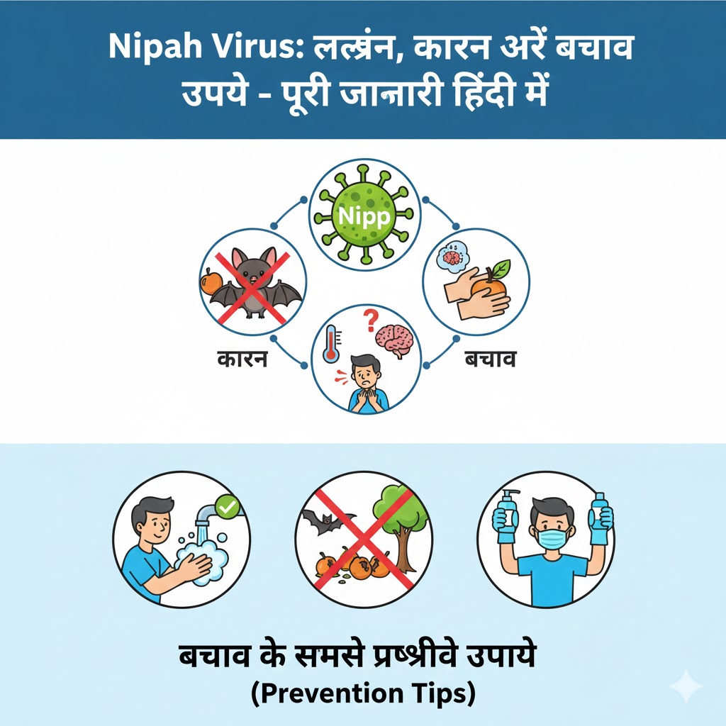 "Cartoon infographic of Nipah Virus prevention tips showing bats, fruit washing, and hand hygiene in Hindi."