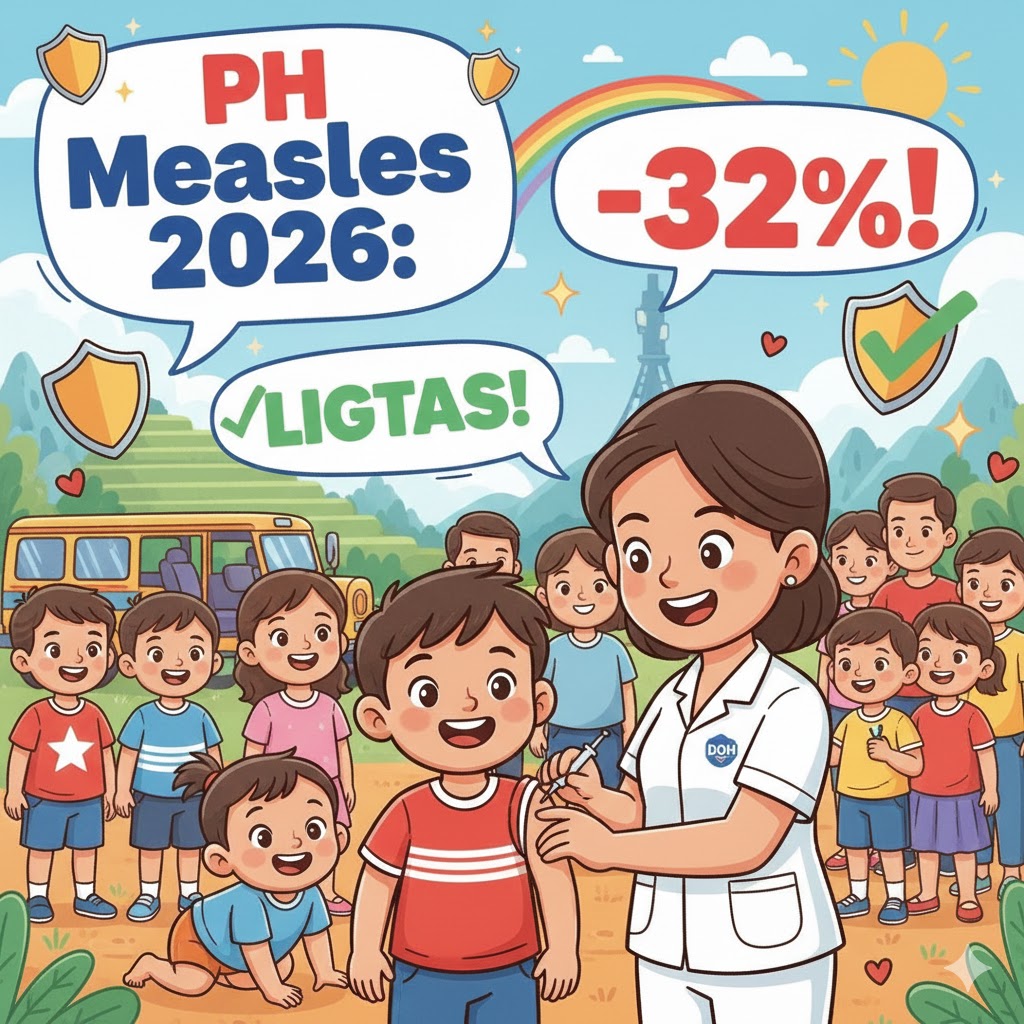 A friendly cartoon nurse vaccinating a Filipino child with the text PH Measles 2026 and Ligtas Tigdas logo, symbolizing the 32 percent cases rise and health department response.