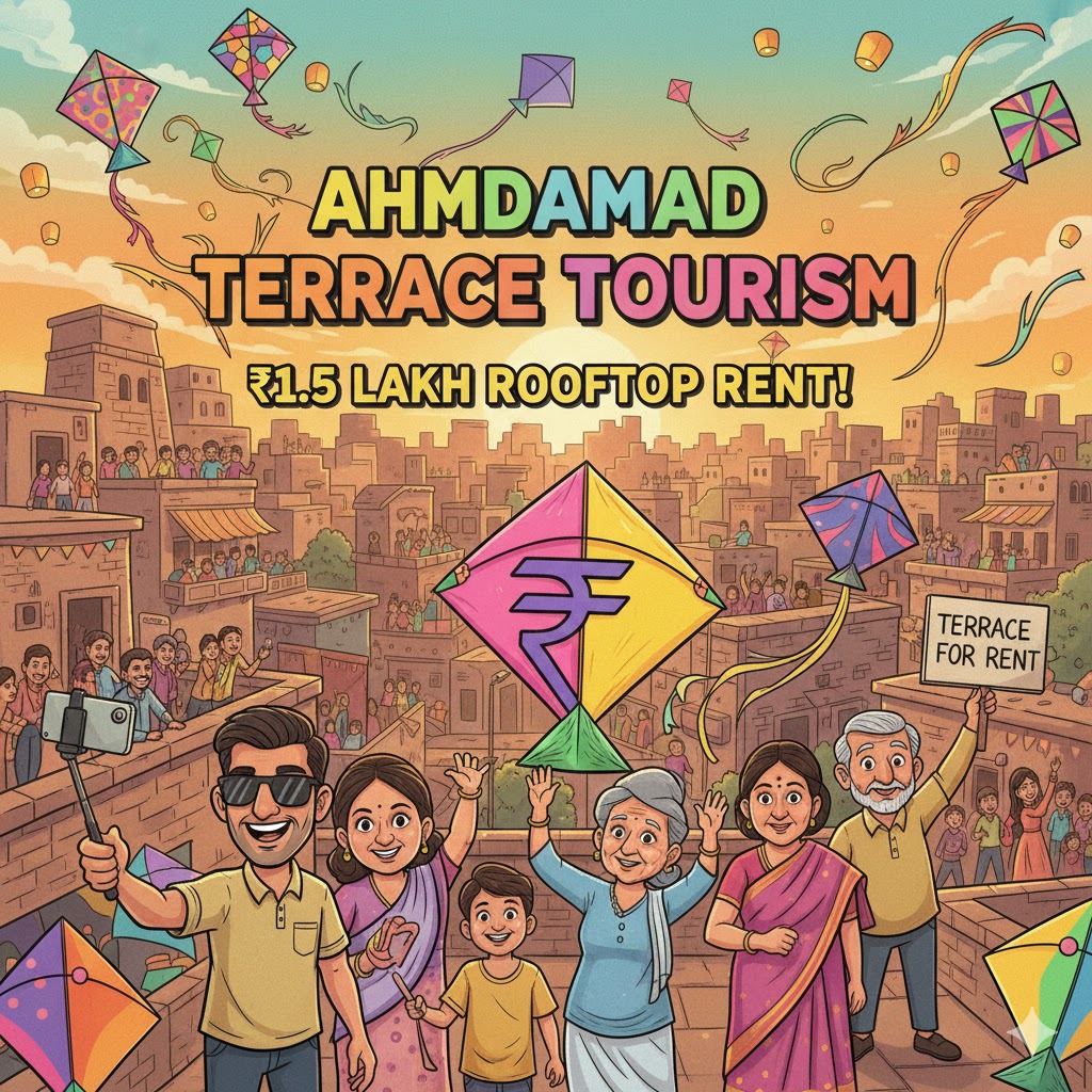 एक कार्टून स्टाइल इमेज जिसमें अहमदाबाद की पोल की छत पर लोग उत्तरायण मना रहे हैं और एक पतंग पर रुपये का चिन्ह बना है, जो टेरेस टूरिज्म को दर्शाता है।