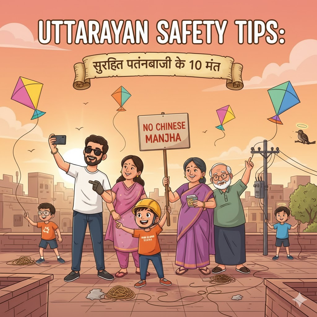 एक कार्टून स्टाइल इमेज जिसमें एक भारतीय परिवार छत पर सुरक्षित रूप से पतंग उड़ा रहा है, "No Chinese Manjha" का बोर्ड पकड़े हुए है और बिजली के तारों व पक्षियों से सुरक्षा का संदेश दे रहा है।