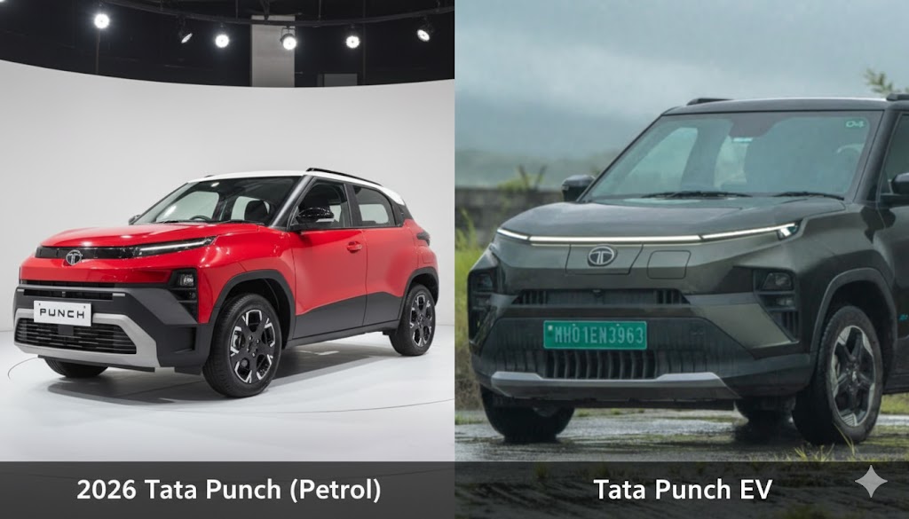 2026 Tata Punch Facelift and Tata Punch EV side by side comparison showing front design differences