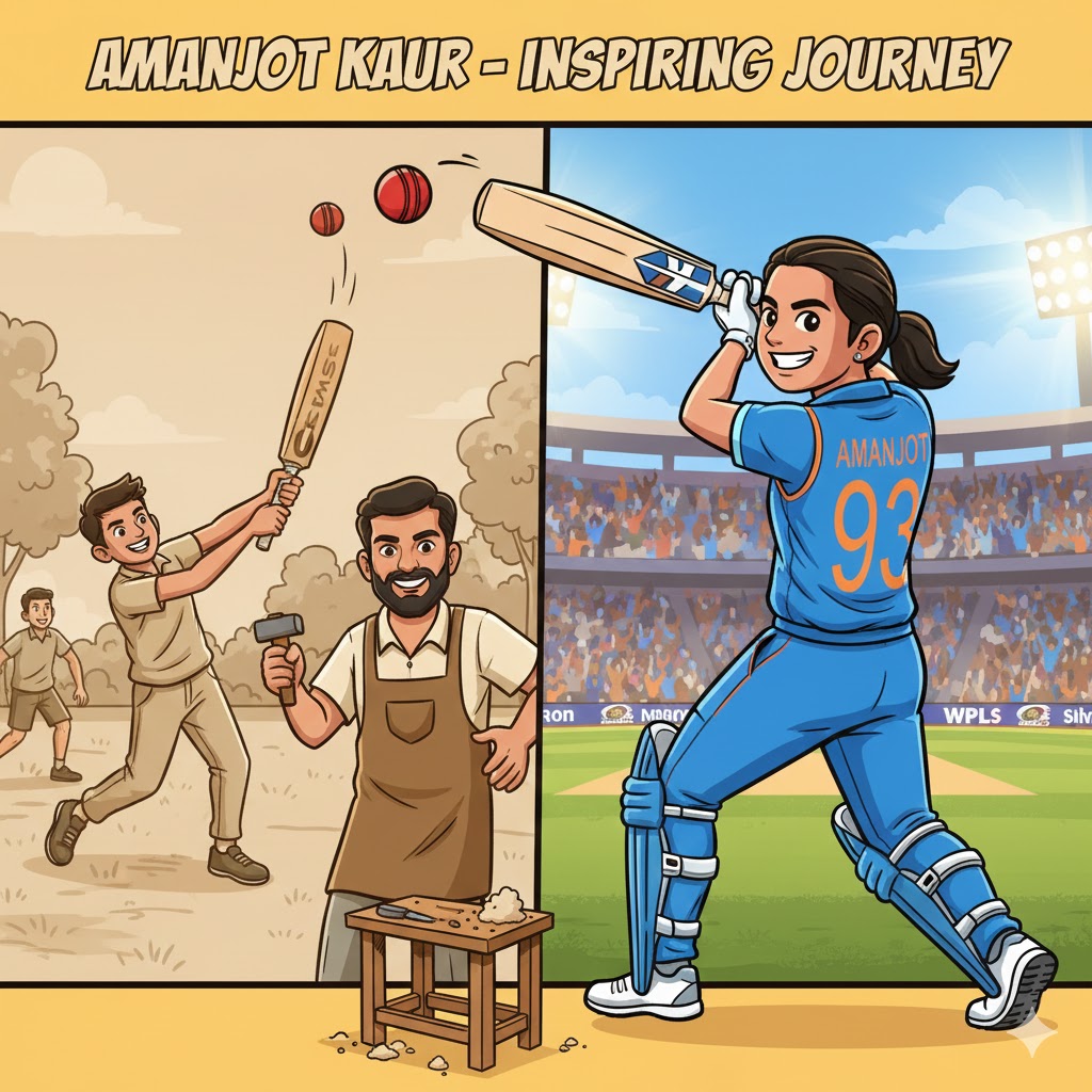 Cartoon style illustration of Amanjot Kaur showing her journey from her father's carpentry workshop to playing for Team India.