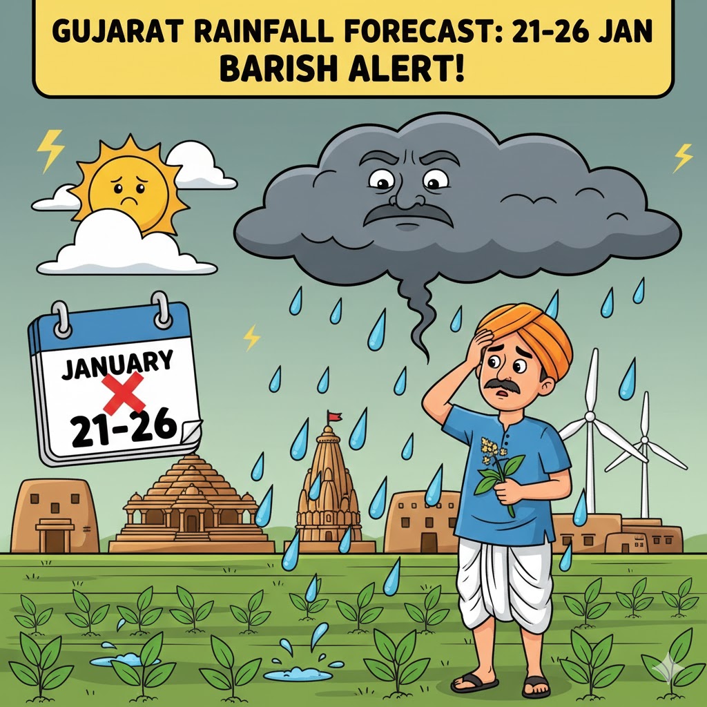 Gujarat Rainfall Forecast 21-26 January cartoon illustration showing rain alert in Gujarat farmers field.