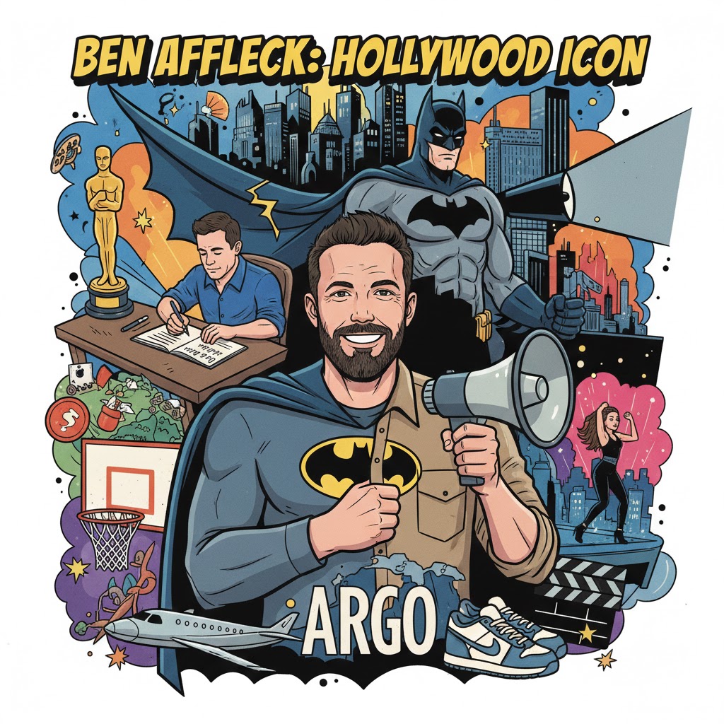 Cartoon style artistic illustration of Hollywood actor and director Ben Affleck.