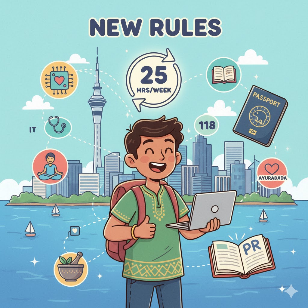 Indian student in New Zealand with icons of 25 hours work, PR, and 118 service sectors in cartoon style.