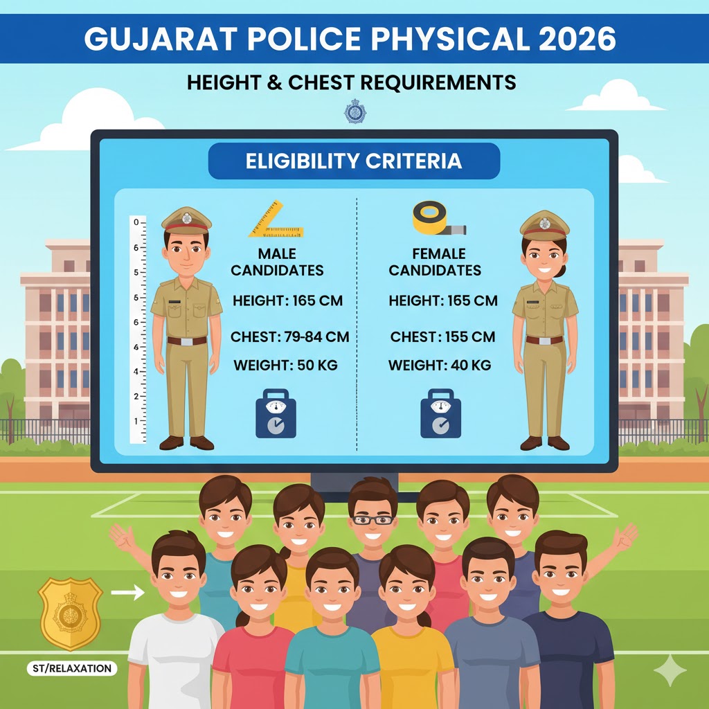 Cartoon illustration of a male and female candidate being measured for height and weight according to Gujarat Police Physical 2026 standards.