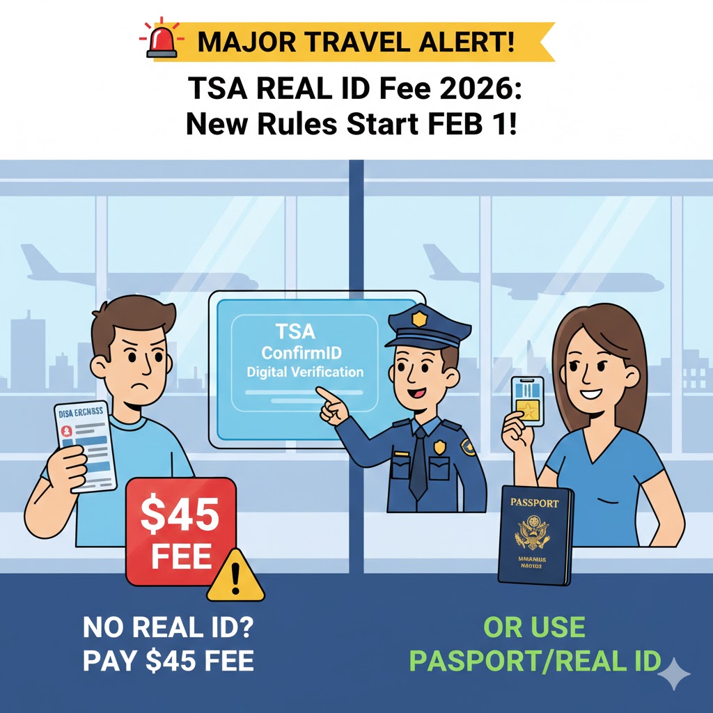 Cartoon illustration of a TSA officer at a US airport explaining the new $45 fee to a traveler without a REAL ID, with a 'Feb 1, 2026' deadline in the background.