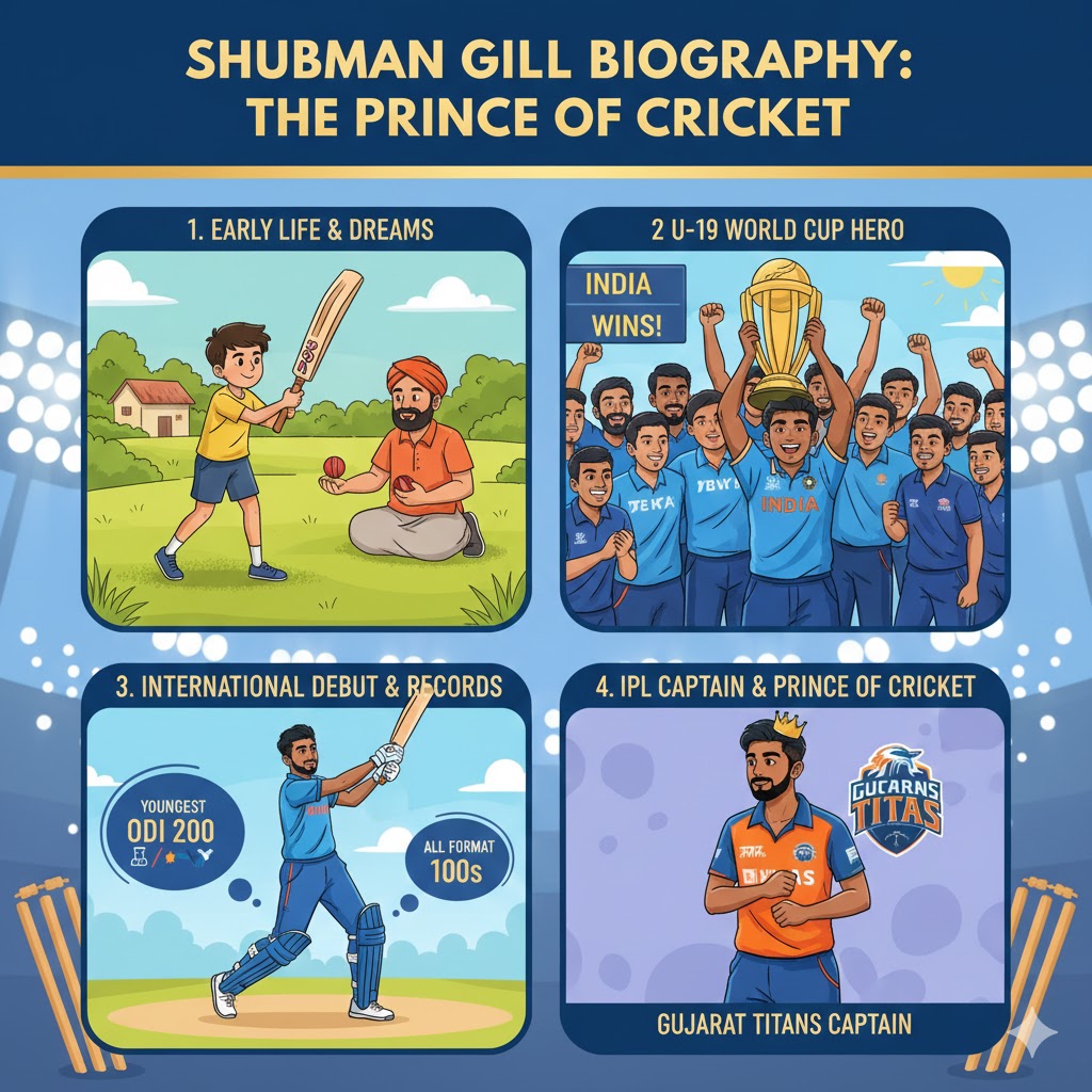 Cartoon illustration of Shubman Gill in India's blue jersey hitting a classic cover drive, with a farm background on one side and a stadium with a crown on the other.