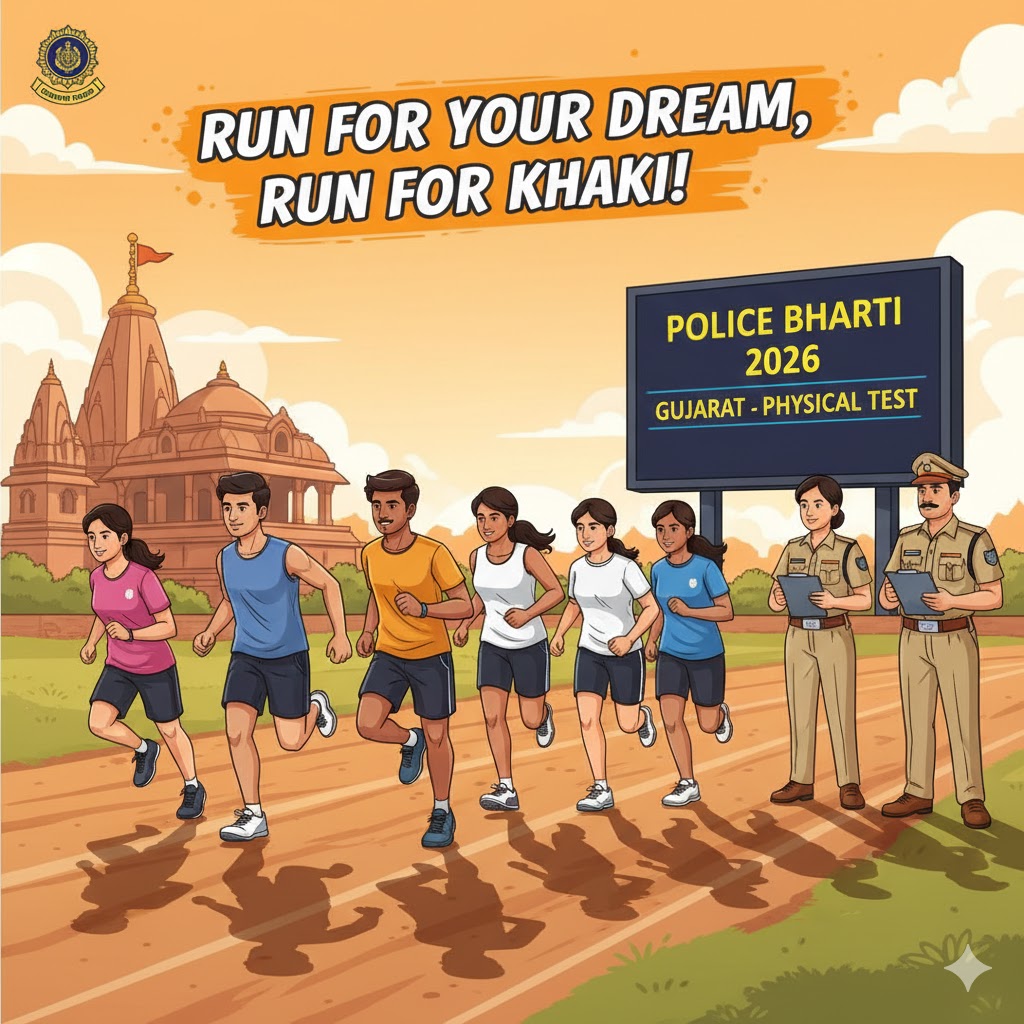 A colorful cartoon illustration of energetic young Indian men and women in training gear running on a track, with a symbolic police station and the Gujarat Police logo in the background.