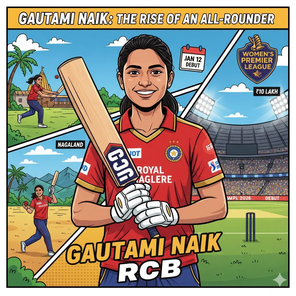 Cartoon style artistic illustration of Indian female cricketer Gautami Naik in her sports gear.