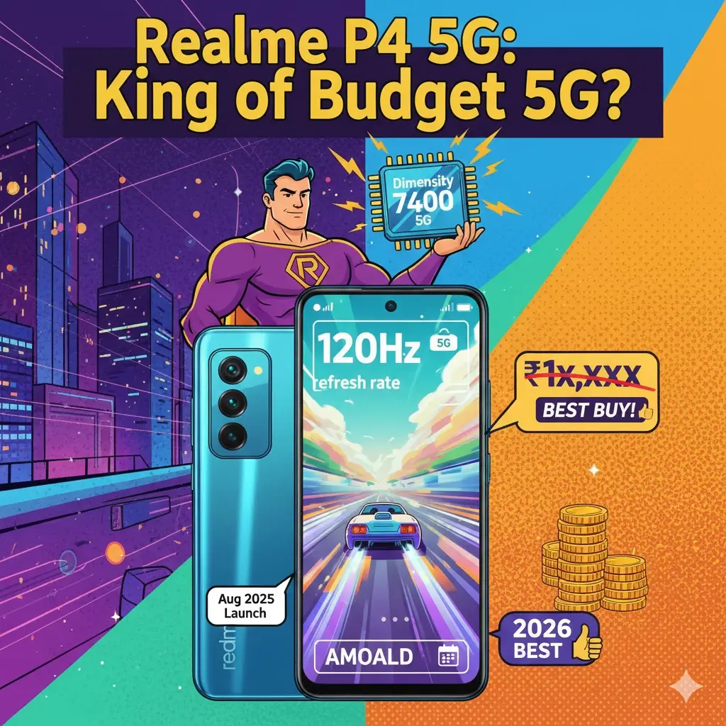 Artistic cartoon style illustration of Realme P4 5G smartphone with AMOLED display.