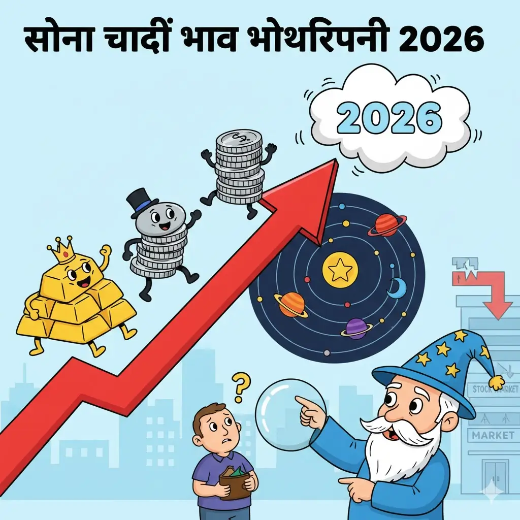 सोने और चांदी की कीमतों में 2026 में होने वाले बदलाव को दर्शाती एक ज्योतिषीय कार्टून इमेज।