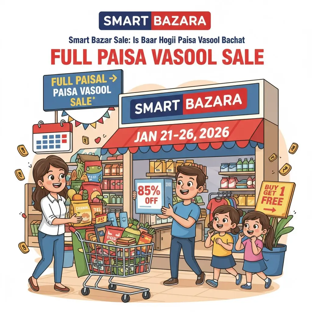 स्मार्ट बाज़ार फुल पैसा वसूल सेल 2026 का कार्टून पोस्टर जिसमें एक परिवार शॉपिंग कर रहा है और भारी डिस्काउंट के बैनर लगे हैं।