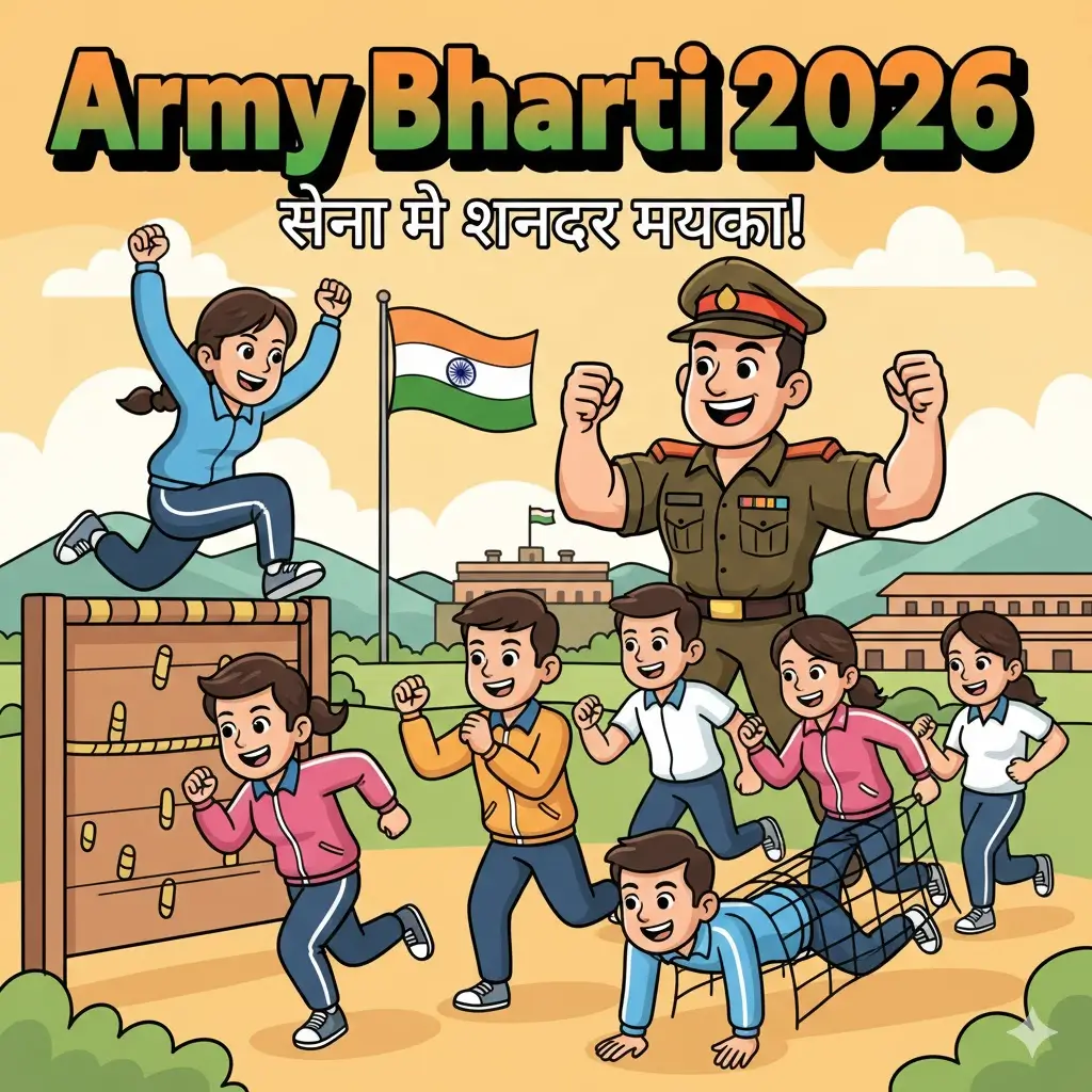 Army Bharti 2026 cartoon image showing youth training for Indian Army physical test.