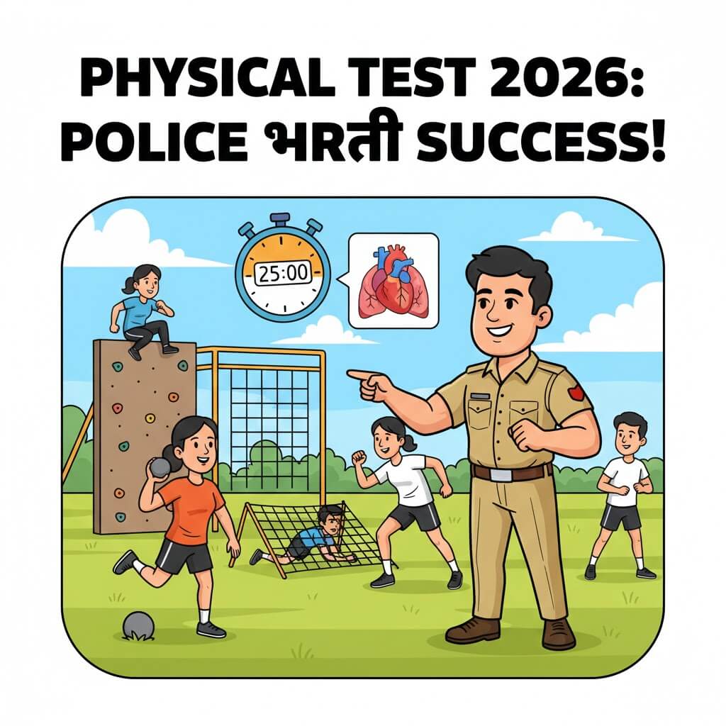 Physical Test 2026 cartoon illustration showing candidates practicing running and shotput for Gujarat Police Bharti.