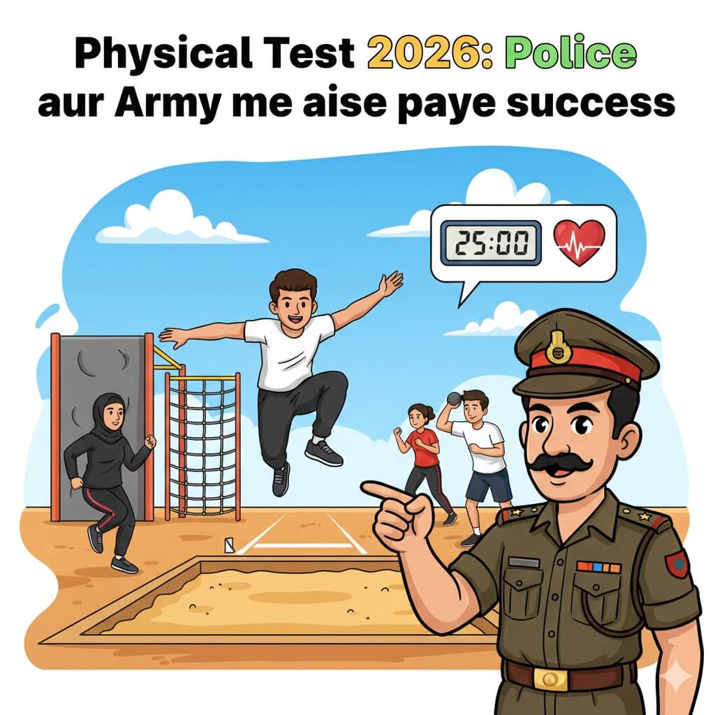 Physical Test 2026 cartoon showing candidates doing high jump and shotput with an Indian police officer.