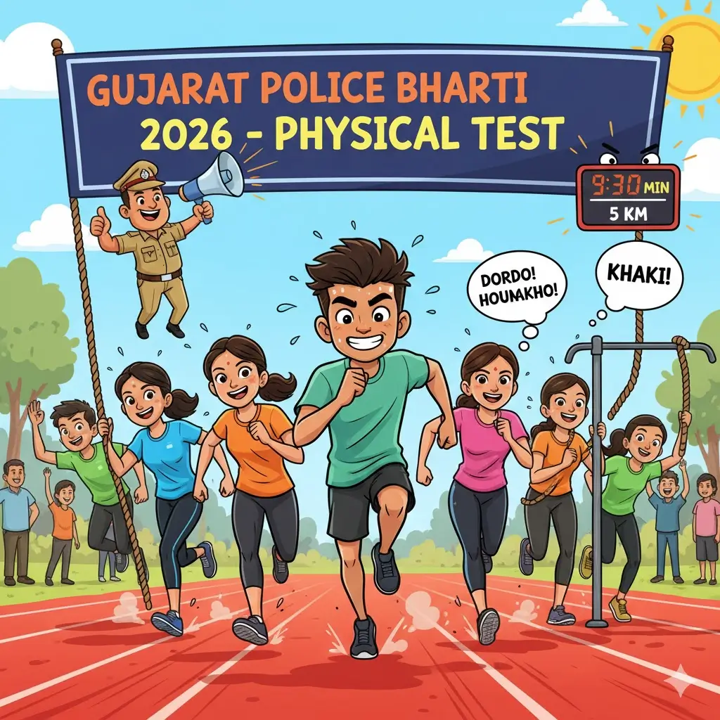 Gujarat Police Physical Test 2026 cartoon illustration of candidates running on track for PSI and LRD recruitment.