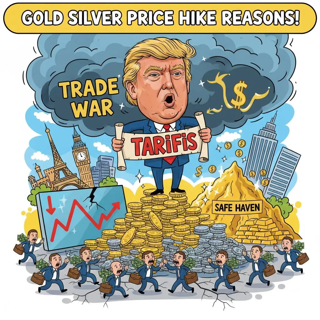 Cartoon illustration showing Donald Trump with trade war clouds, standing over a pile of gold and silver coins representing safe haven investment.