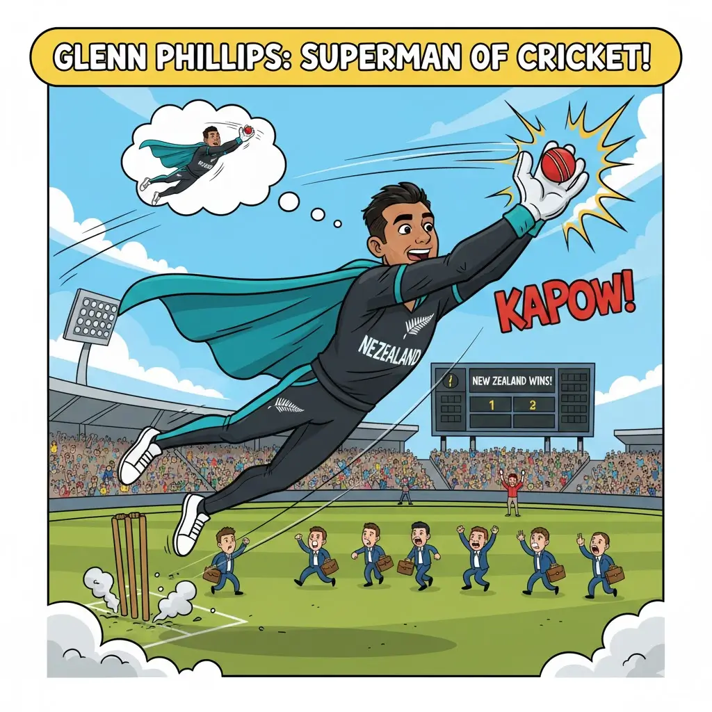 Cartoon illustration of Glenn Phillips wearing a cape and diving in the air to take an incredible cricket catch, depicting his 'Superman' fielding style.