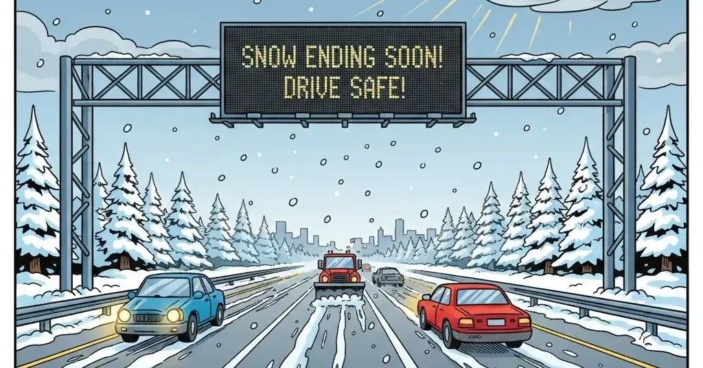 A cartoon illustration of a snowy Michigan highway with a digital signboard saying 'SNOW ENDING SOON! DRIVE SAFE!' as the sun starts peeking through clouds.