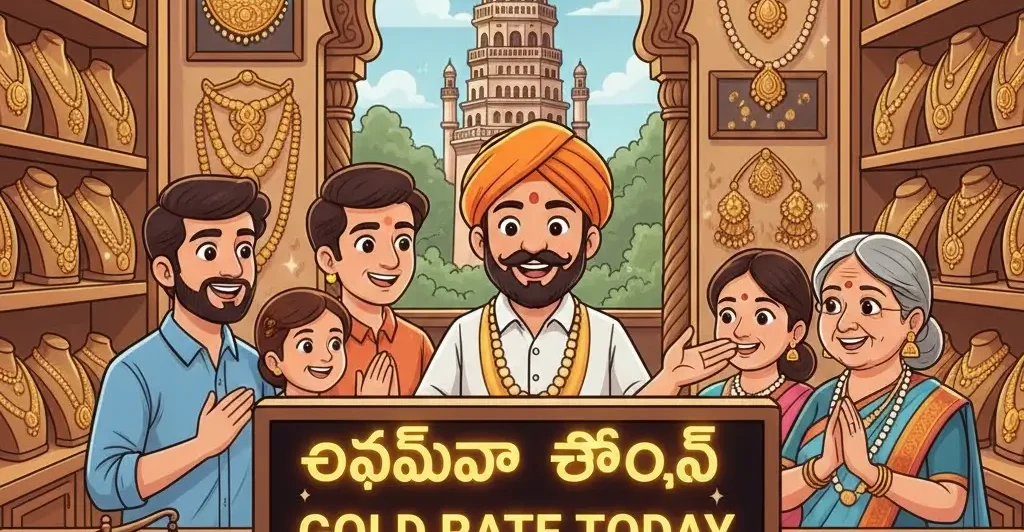 A cartoon illustration of a jewelry shop in Hyderabad with the Charminar in the background, showing a digital display with 24K and 22K gold prices and happy customers.
