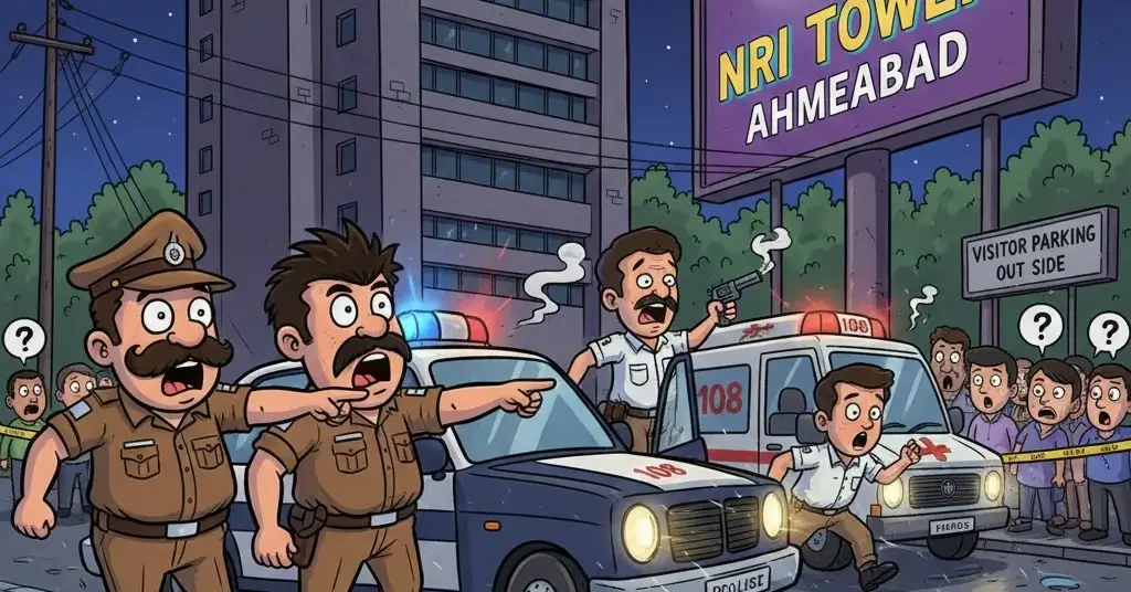 Illustration of police and 108 ambulance at NRI Tower Ahmedabad after the Shaktisinh Gohil nephew incident.