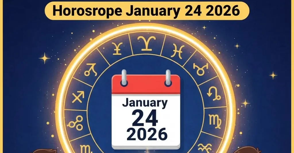 A colorful cartoon illustration for Horoscope January 24, 2026, showing a zodiac wheel, a sage, a person with a legal scroll for Sagittarius, and a student with an A+ grade for Capricorn.