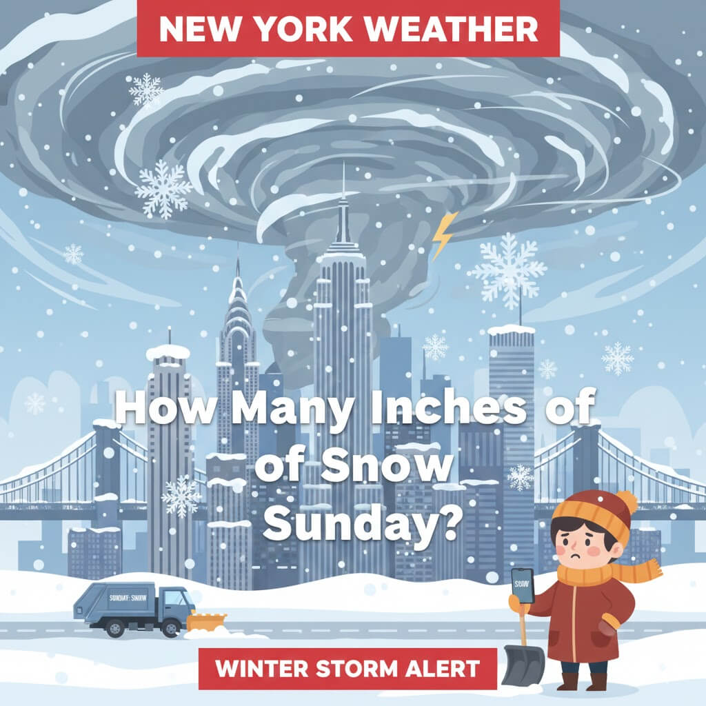 A cartoon illustration of New York City skyline covered in deep snow under a swirling winter storm cloud with a snow plow and a person holding a shovel.