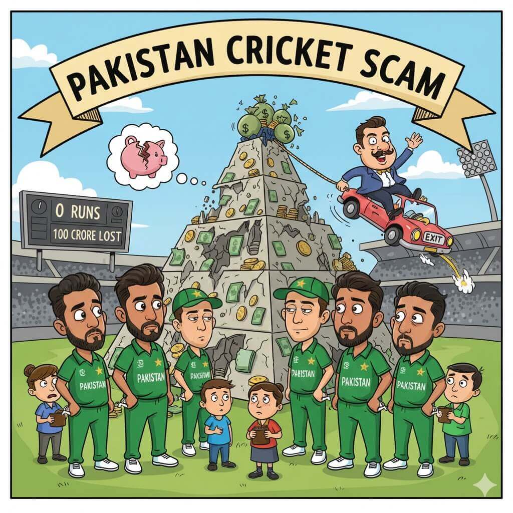 Pakistan cricketers trapped in 100 crore ponzi scheme scam cartoon illustration
