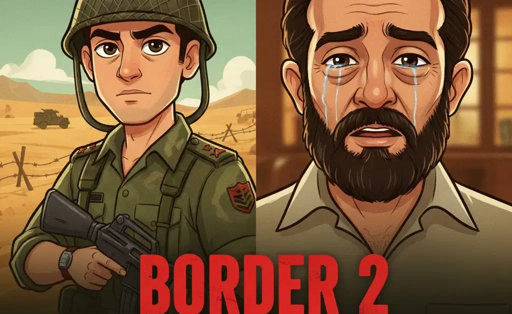 Border 2 Ahan Shetty as a soldier with emotional Suniel Shetty cartoon illustration.
