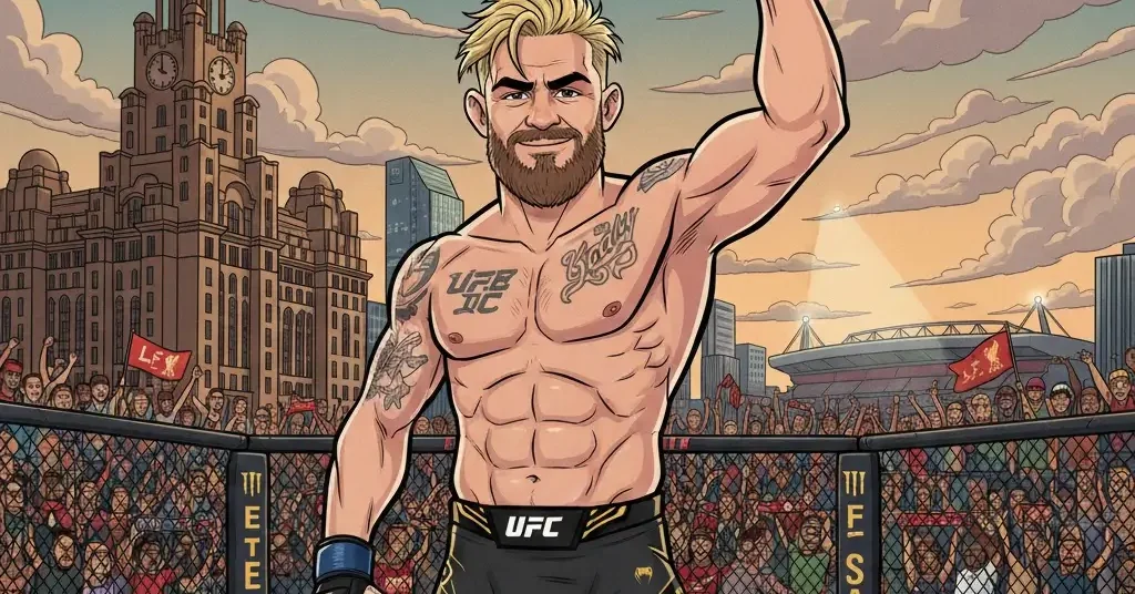 Paddy 'The Baddy' Pimblett cartoon style illustration in UFC Octagon with Liverpool background.