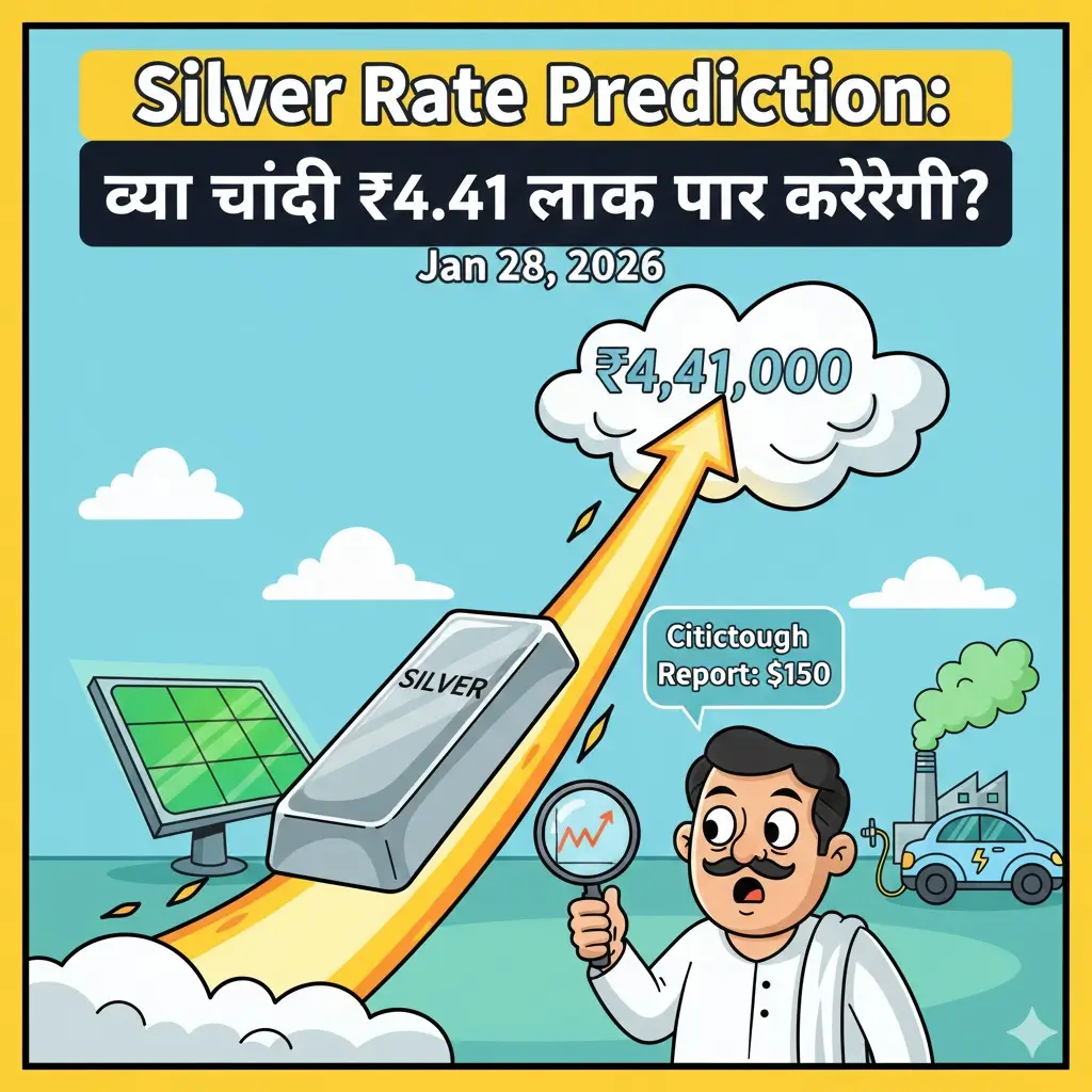 Silver bar price chart going up with cartoon investor, solar panels, and EV car illustration.