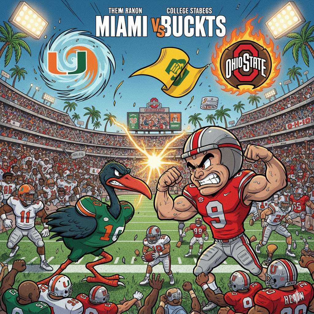 Side-by-side portrait of Ohio State QB Julian Sayin and Miami QB Carson Beck in their respective team uniforms.