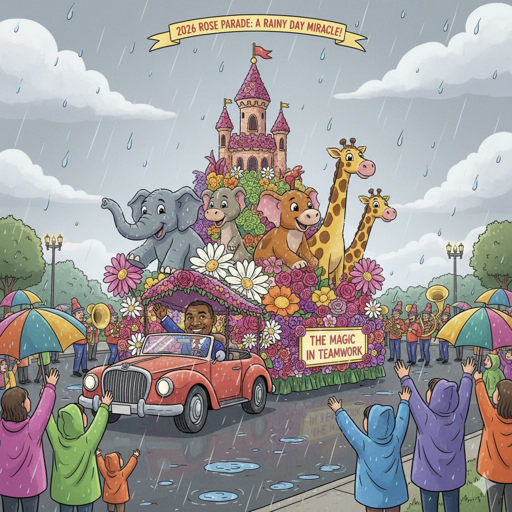 A colorful cartoon of a floral float and a marching band at the 2026 Rose Parade in Pasadena, with people wearing raincoats and holding umbrellas under a light rain.