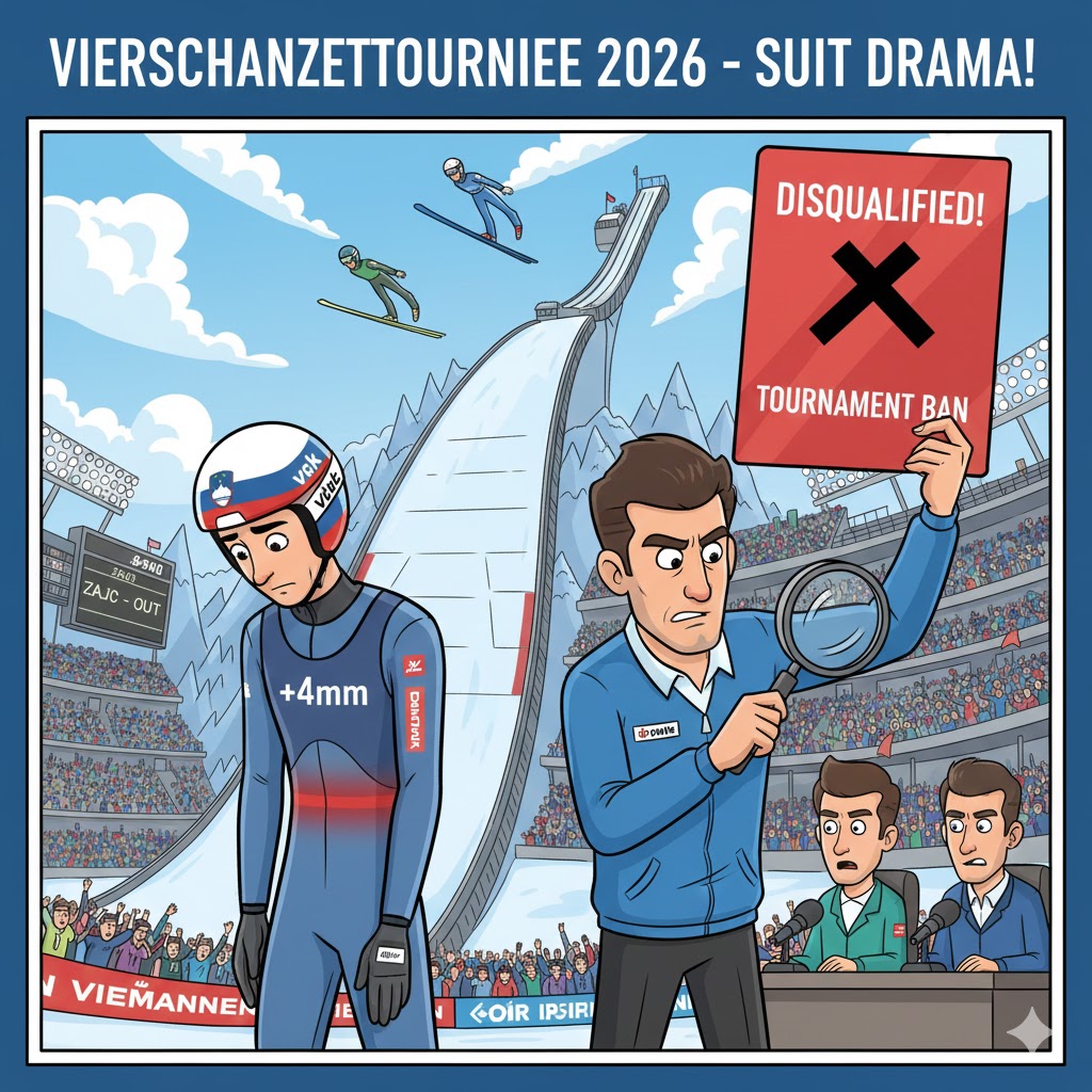 A humorous cartoon showing a professional ski jumper at the Four Hills Tournament being measured by a referee with a giant ruler, illustrating the strict suit regulation controversy.