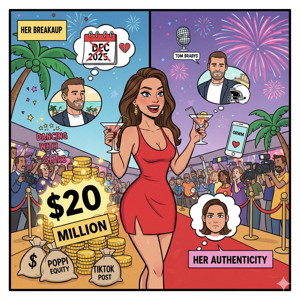 A vibrant cartoon illustration of a glamorous blonde influencer taking a selfie with a 'Hot Mess' podcast microphone and a Miami skyline in the background.