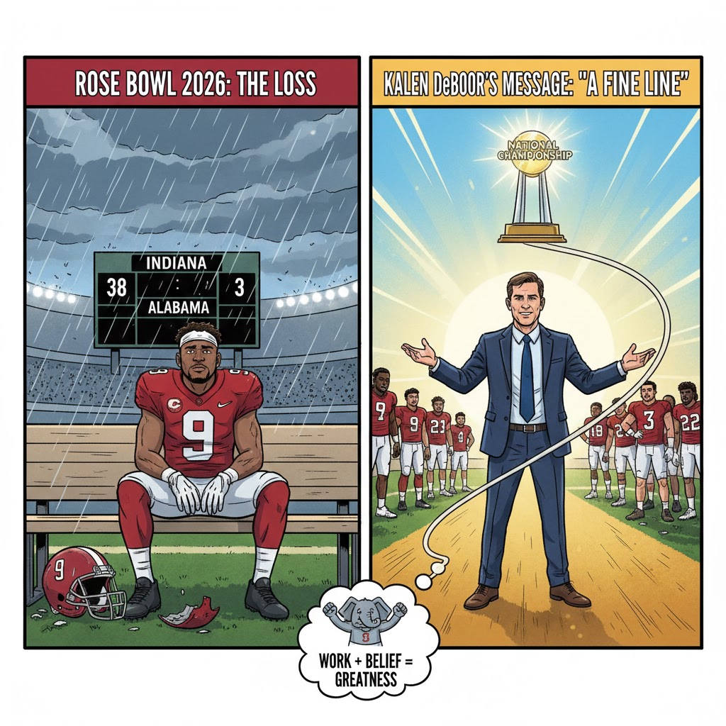 A bold cartoon illustration of Kalen DeBoer on a football field, staring at a glowing championship trophy across a thin golden line, symbolizing the 'fine line' to greatness.