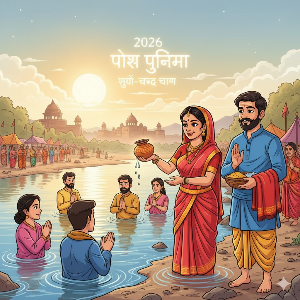 A serene cartoon illustration of the Prayagraj Sangam at sunrise during Paush Purnima, showing devotees offering water to the sun and colorful Magh Mela tents in the background.