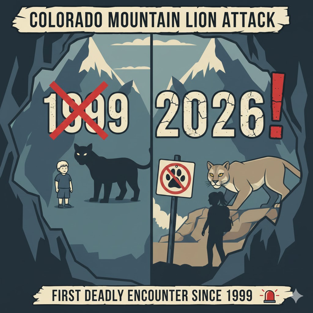 Illustration of a mountain lion in a dark forest setting with safety warning signs for hikers in Colorado.