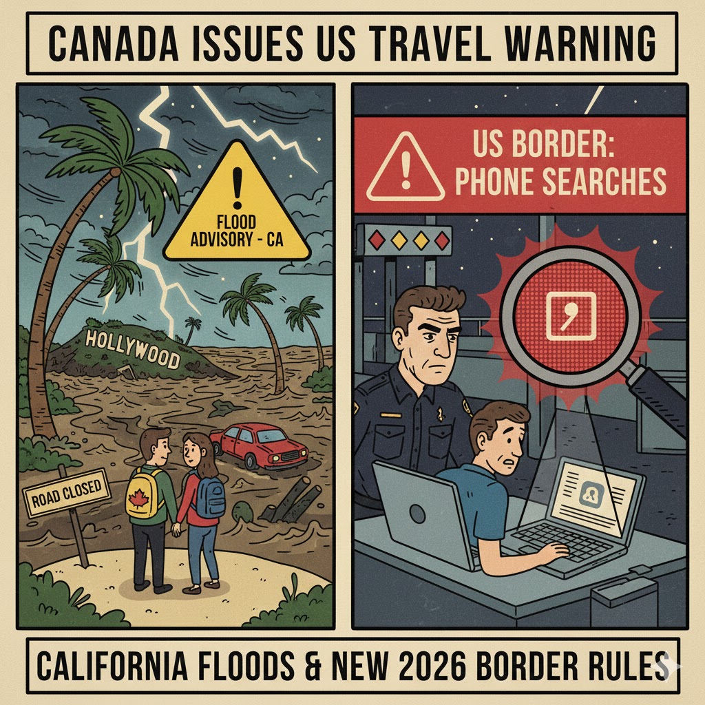 A split-screen cartoon illustration showing a flooded road with California road signs on one side and a border agent inspecting a smartphone on the other side.