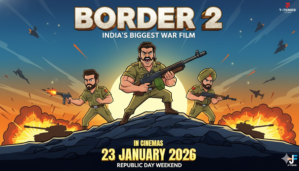 Cartoon style movie poster of Border 2 featuring Indian soldiers in action at the war front with a sunset background.