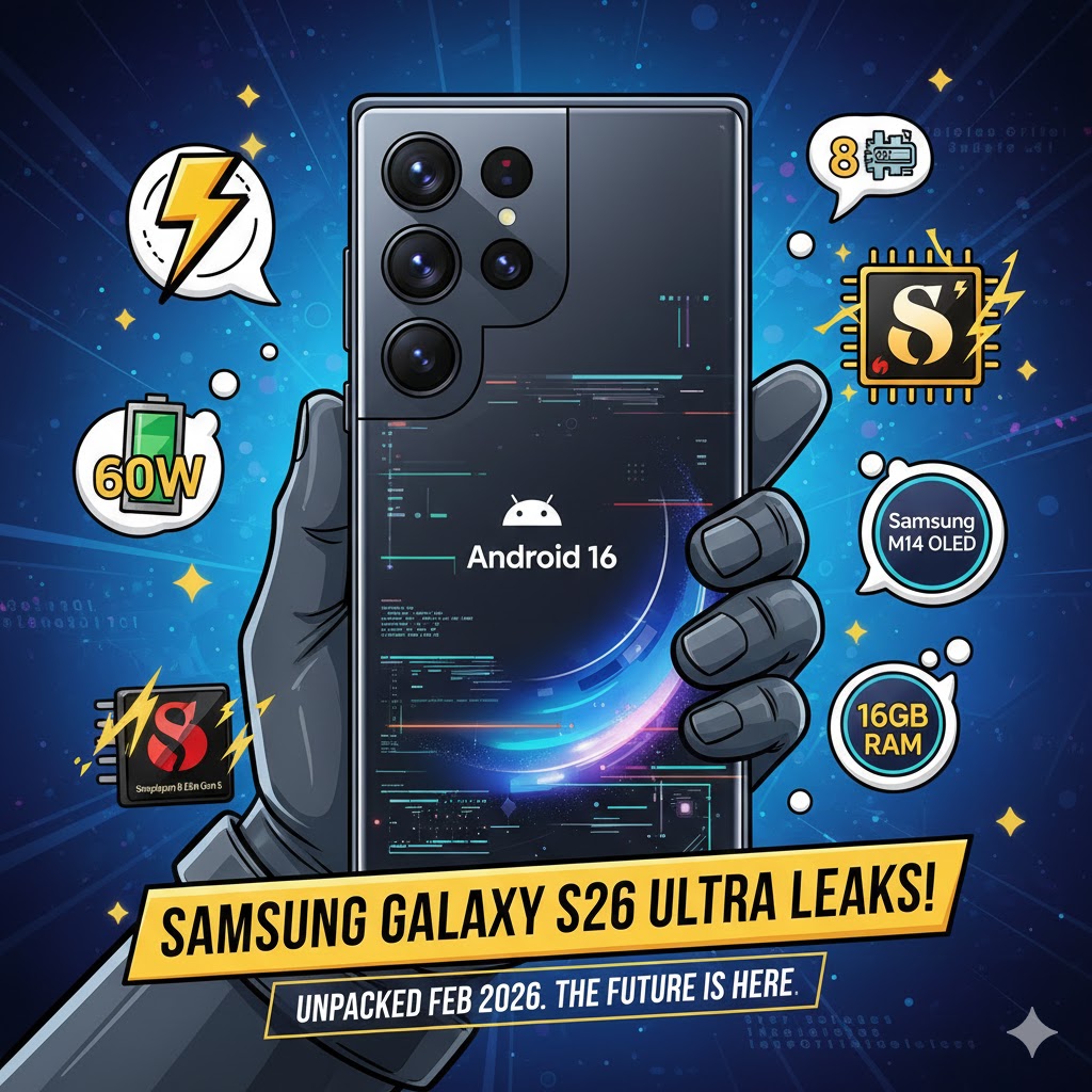 Cartoon style digital illustration of a futuristic Samsung Galaxy S26 Ultra smartphone with a quad-camera setup and a large glowing display.