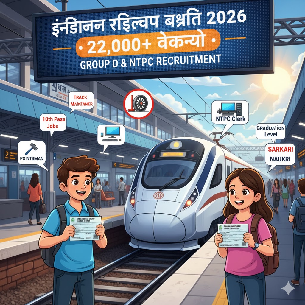 A cartoon style illustration showing a happy Indian youth in front of a modern Indian train, representing career opportunities in Indian Railways 2026.