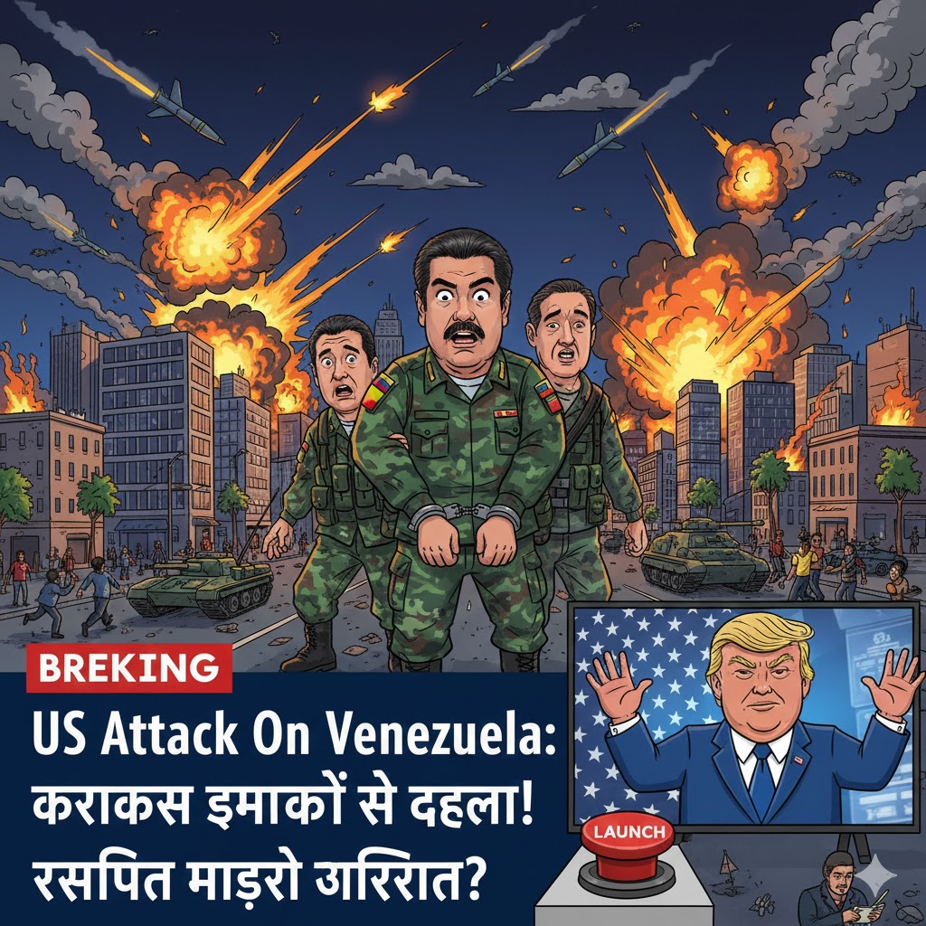 A dramatic cartoon-style illustration of an explosion in Caracas skyline at night with military aircraft flying above, symbolizing the US attack on Venezuela 2026.