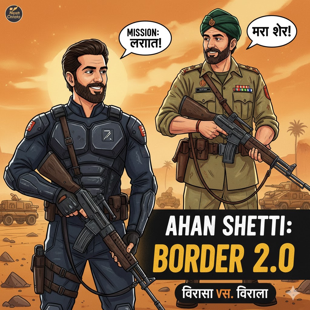 A handsome cartoon-style illustration of Indian actor Ahan Shetty with a sharp jawline and athletic build, representing his Bollywood career.