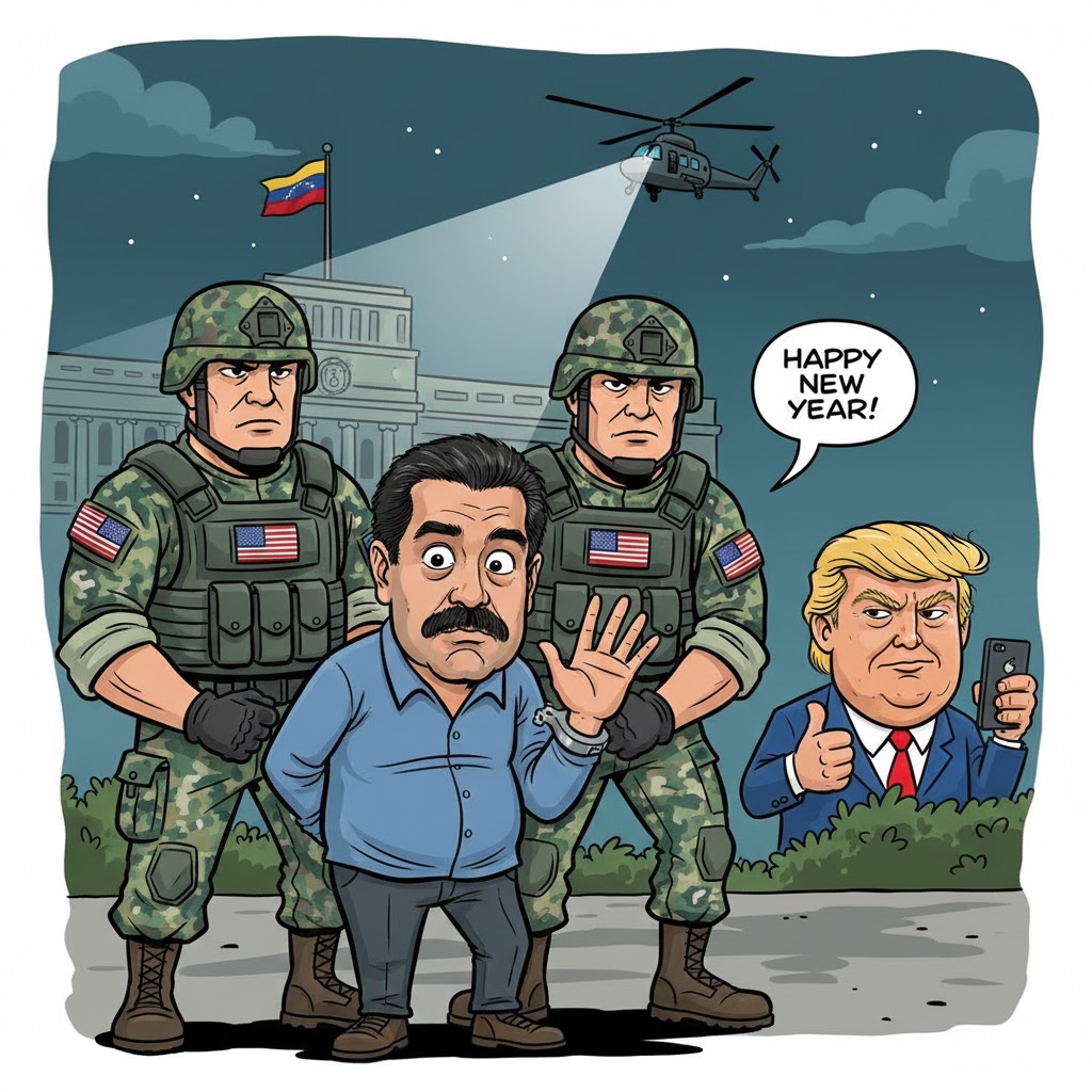 A political cartoon showing Nicolas Maduro in handcuffs being escorted by US soldiers during a midnight operation in Venezuela, with Donald Trump in the background.